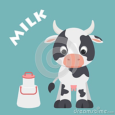 Cute cartoon cow with milk container Vector Illustration