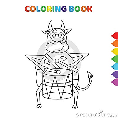 Cute cartoon cow wearing sunglasses and playing drum coloring book for kids. black and white vector illustration for coloring book Vector Illustration