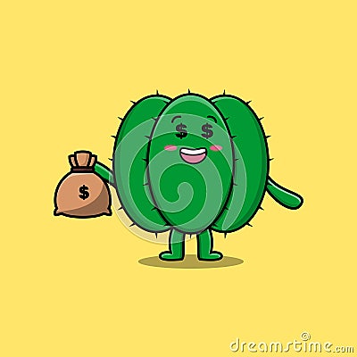 Cute cartoon Crazy rich cactus with money bag Vector Illustration