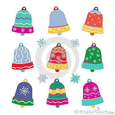 Cute cartoon Cristmas bells. Set of bright colorful vector funny icons for design and decoration. Vector Illustration