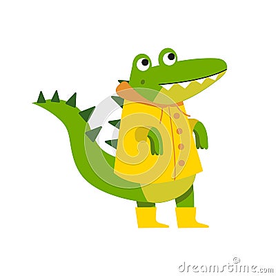 Cute cartoon crocodile character walking wearing yellow raincoat and rubber boots vector Illustration Vector Illustration