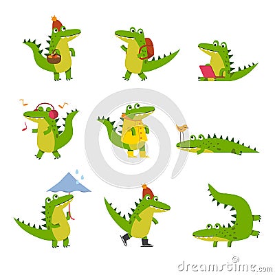 Cute cartoon crocodile in every day activities, colorful characters vector Illustrations Vector Illustration