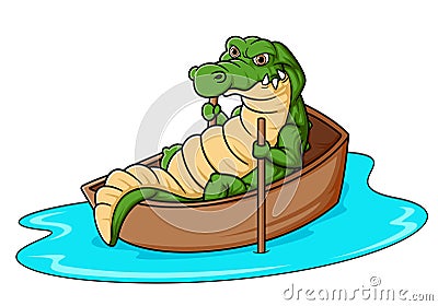 Cute cartoon crocodile Rowing a wooden boat Vector Illustration