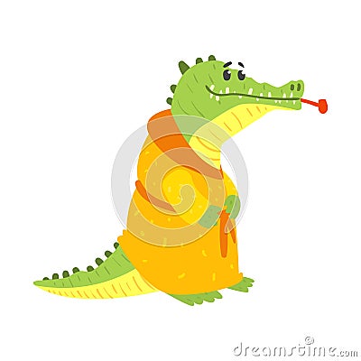 Cute cartoon crocodile wearing in orange bathrobe and smoking pipe in its mouth. African animal colorful character Vector Illustration