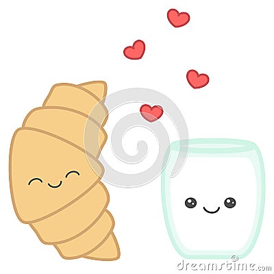 Cute cartoon croissant with glass of milk funny illustration Vector Illustration