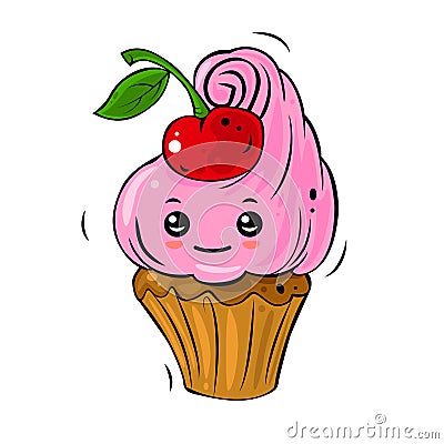 Cute cartoon cupcake with pink cream and cherry. Vector Illustration