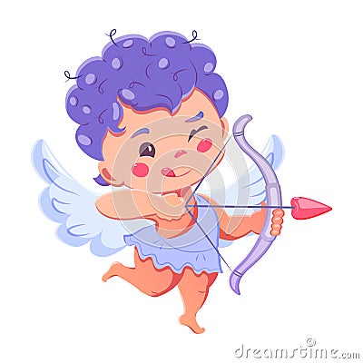 Cute cartoon cupid. Cupid with bow and an arrow in shape of heart. Little angel with wings Vector Illustration