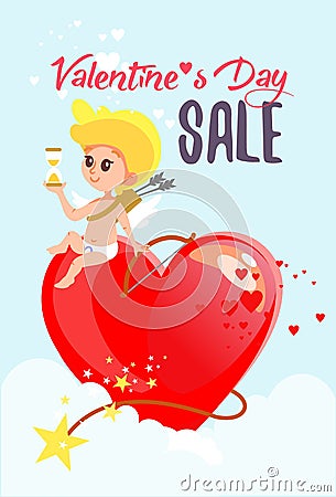 cute cartoon cupid sitting on big heart shaped bomb and counting time. Vector Illustration