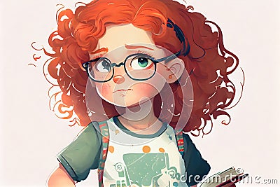 Cute cartoon curly redhead girl with glasses. Cartoon character. Reading book Stock Photo