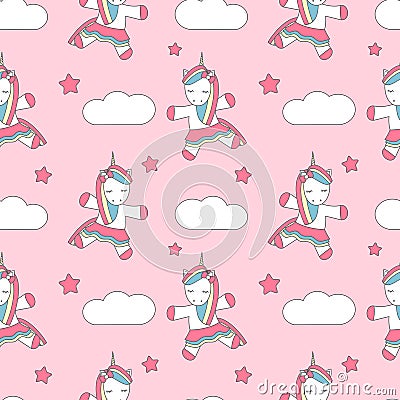 Cute cartoon dancing unicorn seamless vector pattern background illustration Vector Illustration