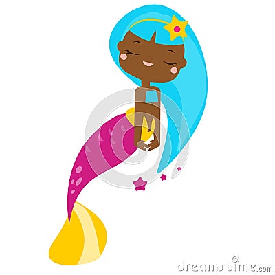 Cute cartoon dark skin mermaid Vector Illustration