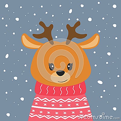 Cute cartoon deer with antlers on winter background. Vector Illustration