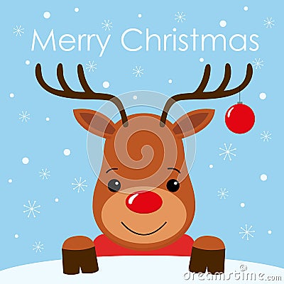 Cute cartoon deer face with horn Merry christmas background card Flat design Vector Illustration