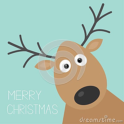 Cute cartoon deer face with horn Merry christmas background card Flat design Vector Illustration