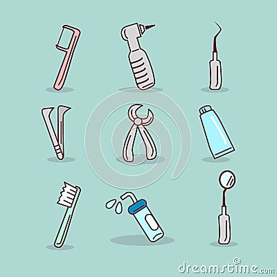 Cute cartoon dental tool set Vector Illustration