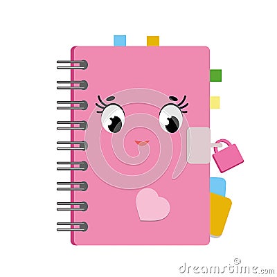 Cute cartoon diary in a pink cover with stickers and bookmarks. Cute character. Simple flat vector illustration isolated on white Vector Illustration