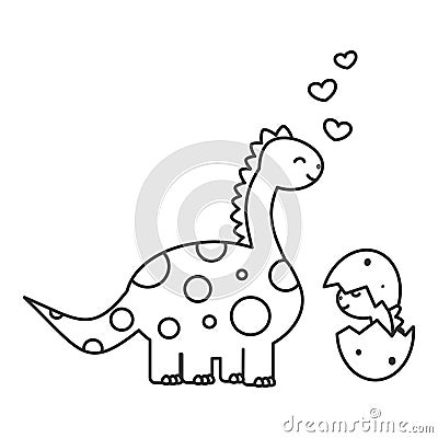 Cute cartoon dinosaur with baby funny vector black and white illustration for coloring art Vector Illustration