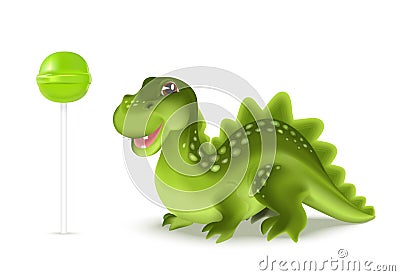 Cute cartoon dinosaur dragon character with green lollypop. Vector illustration. Vector Illustration