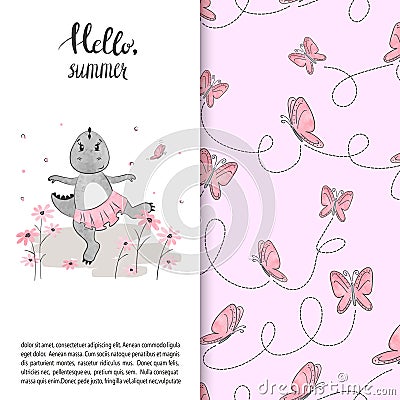 Cute cartoon dinosaur girl with butterfly pattern. Vector Illustration