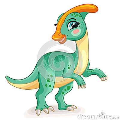 Cute cartoon dinosaur green parasaurolophus vector illustration Vector Illustration