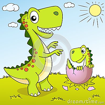 Cute cartoon dinosaur and his nest with little dino Vector Illustration