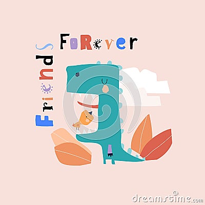 Cute cartoon dinosaur with little bird. Friends forever Vector Illustration