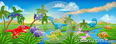 Cute Cartoon Dinosaur Scene Landscape Vector Illustration