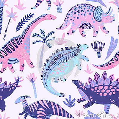 Cute cartoon dinosaurs seamless pattern in scandinavian style Cartoon Illustration