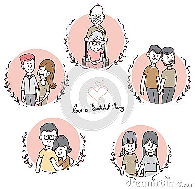 Cute cartoon diverse couples set, mixed race and gay , LGBT concept illustration,Vector Cartoon Illustration