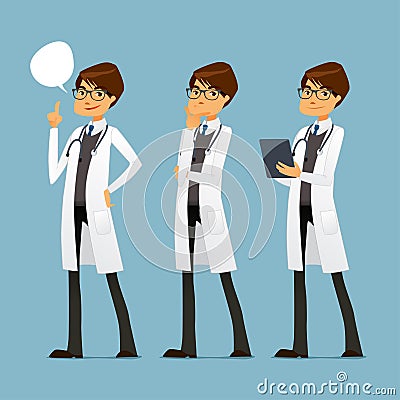 Cute cartoon doctor with glasses, in various poses Vector Illustration