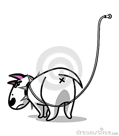 Cute cartoon dog. Angry white Bull Terrier tied with a leash. Stock Photo