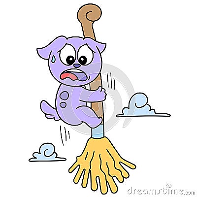 Cute cartoon of a dog being carried flying by a magic broom, doodle kawaii. doodle icon image Vector Illustration