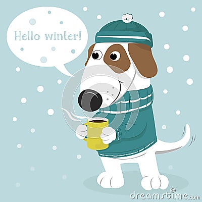 Cute cartoon dog in a cap and sweater and coffee. Vector Illustration