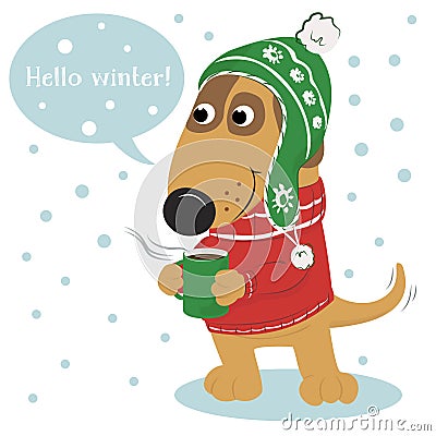 Cute cartoon dog in a cap and sweater and coffee. Vector Illustration