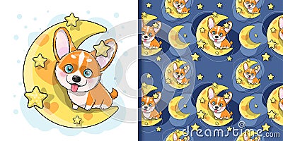 cute cartoon dog corgi with moon and stars Vector Illustration