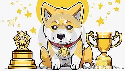 A cute cartoon dog sitting on a table with three trophies Stock Photo