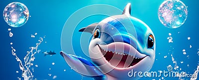 Cute cartoon dolphin, splash water drops adorable funny amusing playful color Stock Photo