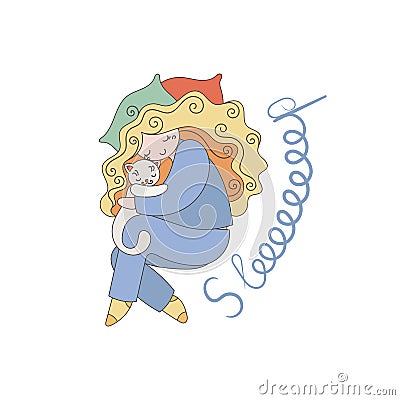 Cute cartoon doodle sleeping girl. Good Night postcard or print. Vector Illustration