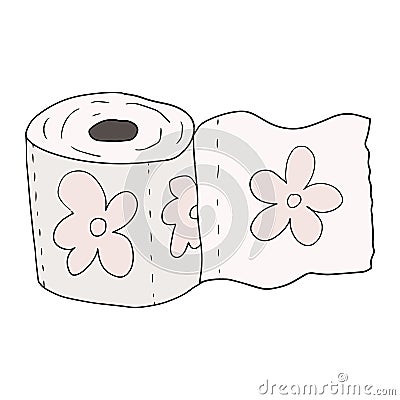 Cute cartoon doodle toilet paper with floral ornament Vector Illustration