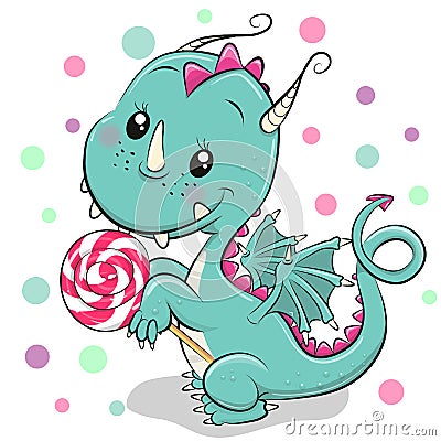 Cartoon Dragon with lollipop on a white background Vector Illustration