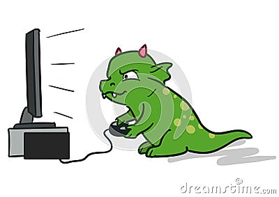 Cute cartoon dragon monster playing video games Vector Illustration