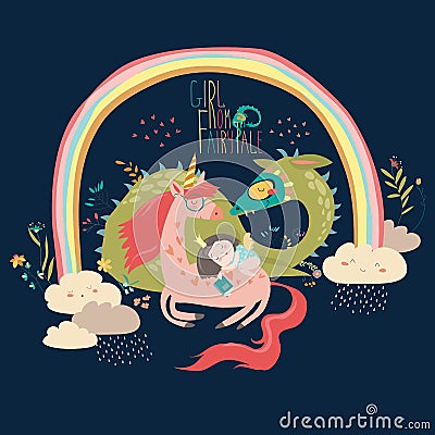 Cute cartoon dragon, unicorn and little princess Vector Illustration