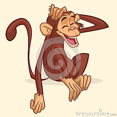 Cute cartoon drawing of a monkey sitting. Vector illustration of chimpanzee stretching his head and smiling with eyes closed Vector Illustration