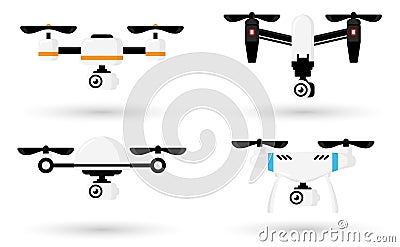 Cute cartoon drones set isolated on white background. Aerial quadcopter concept with shadow. Simple design icon or logo. Flat Vector Illustration