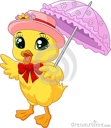 Cute cartoon duck with pink umbrella Vector Illustration