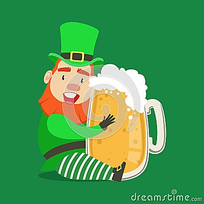 Cute cartoon dwarf Leprechaun sitting with glass mug of fresh beer. Saint Patricks Day colorful character vector Vector Illustration