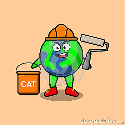 Cute cartoon earth as a builder character painting Vector Illustration