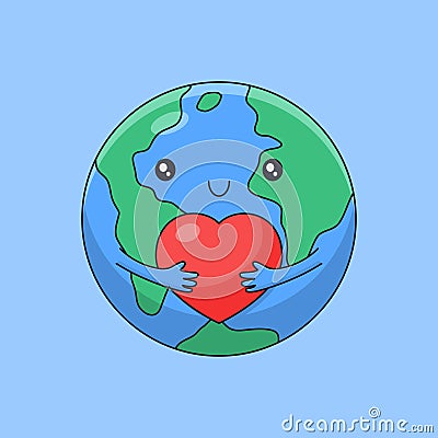 Cute cartoon earth hugging little love for world heart day vector outline style Vector Illustration