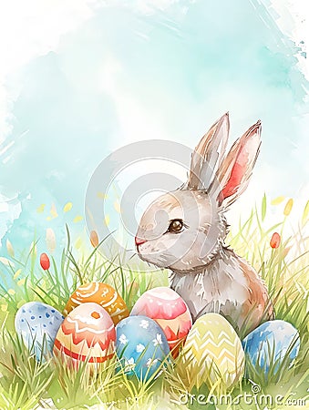 Easter Bunny Painting, Sitting in the Grass. Generative AI Stock Photo