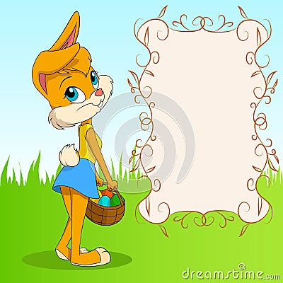 Cute cartoon easter bunny girl with poster Vector Illustration